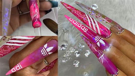 DIY PINK Floral Adidas Acrylic Nails 